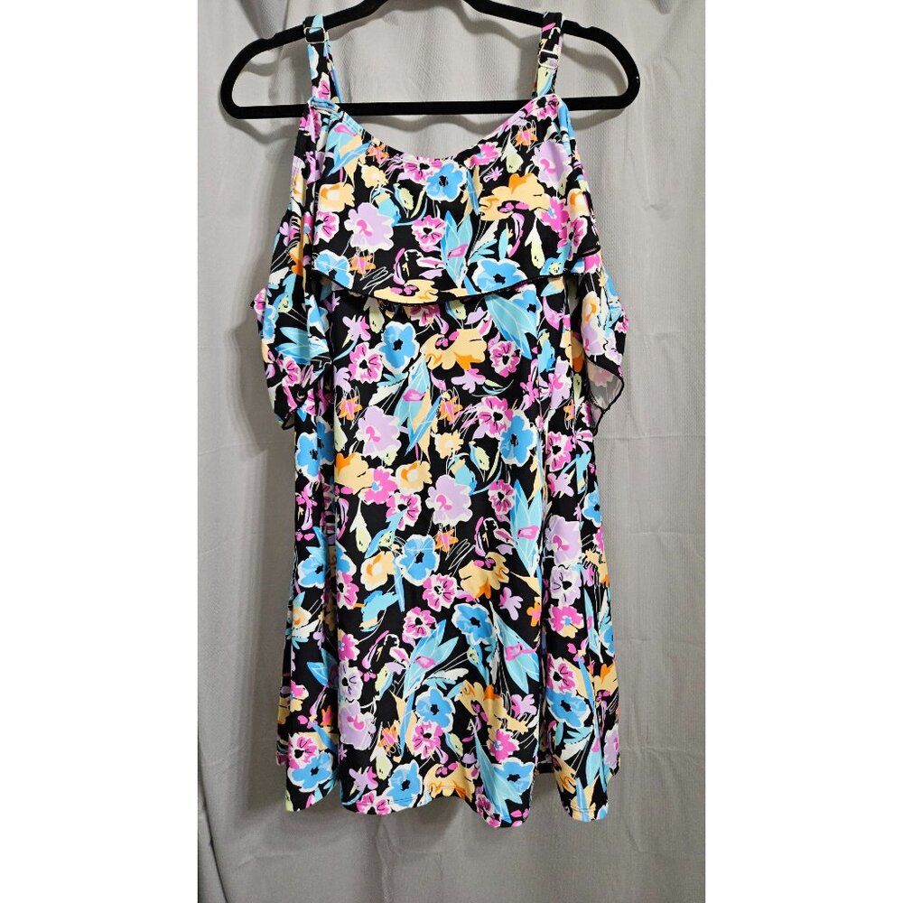 Meetcurve Womens Plus Size Floral Ruffle Tankini 4XL Adjustable Straps Black/Mul